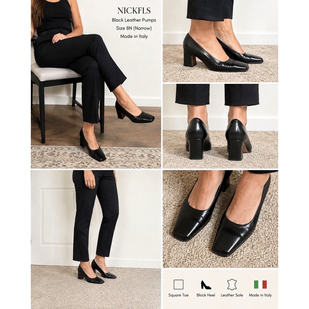 Nickels Black Leather Square Toe Block Heel Pumps Made in Italy Womens 8N